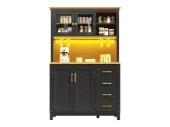 Aparador de cocina estilo rústico - 105,5 x 40 x 180 cm - con 4 puertas + LED + portavasos + cajones - MDF - negro