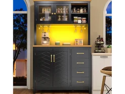 Aparador de cocina estilo rústico - 105,5 x 40 x 180 cm - con 4 puertas + LED + portavasos + cajones - MDF - negro
