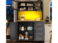 Aparador de cocina estilo rústico - 105,5 x 40 x 180 cm - con 4 puertas + LED + portavasos + cajones - MDF - negro