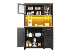 Aparador de cocina estilo rústico - 105,5 x 40 x 180 cm - con 4 puertas + LED + portavasos + cajones - MDF - negro