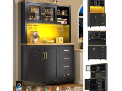 Aparador de cocina estilo rústico - 105,5 x 40 x 180 cm - con 4 puertas + LED + portavasos + cajones - MDF - negro