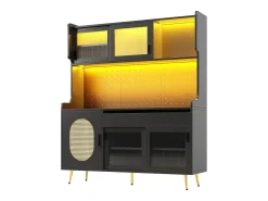 Aparador de cocina estilo rústico - 145 x 39 x 171 cm - con 5 puertas + LED + panel de almacenaje + cajón - MDF - negro