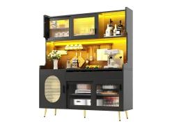 Aparador de cocina estilo rústico - 145 x 39 x 171 cm - con 5 puertas + LED + panel de almacenaje + cajón - MDF - negro