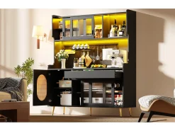 Aparador de cocina estilo rústico - 145 x 39 x 171 cm - con 5 puertas + LED + panel de almacenaje + cajón - MDF - negro