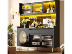 Aparador de cocina estilo rústico - 145 x 39 x 171 cm - con 5 puertas + LED + panel de almacenaje + cajón - MDF - negro
