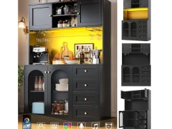 Aparador de cocina estilo rústico - 120 x 40 x 188 cm - con 4 puertas + LED + estantes de almacenamiento + cajones - MDF - negro