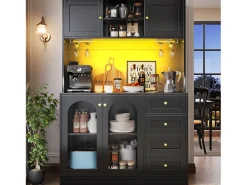 Aparador de cocina estilo rústico - 120 x 40 x 188 cm - con 4 puertas + LED + estantes de almacenamiento + cajones - MDF - negro