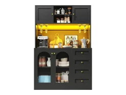 Aparador de cocina estilo rústico - 120 x 40 x 188 cm - con 4 puertas + LED + estantes de almacenamiento + cajones - MDF - negro