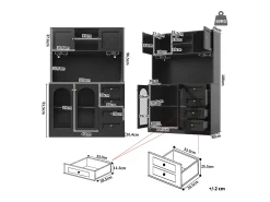 Aparador de cocina estilo rústico - 120 x 40 x 188 cm - con 4 puertas + LED + estantes de almacenamiento + cajones - MDF - negro