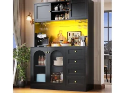 Aparador de cocina estilo rústico - 120 x 40 x 188 cm - con 4 puertas + LED + estantes de almacenamiento + cajones - MDF - negro