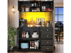 Aparador de cocina estilo rústico - 120 x 40 x 188 cm - con 4 puertas + LED + estantes de almacenamiento + cajones - MDF - negro