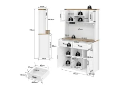 Aparador de cocina LED con enchufes, diseño rústico, MDF blanco/marrón, 2 cajones, estantes regulables (100x40x172cm)