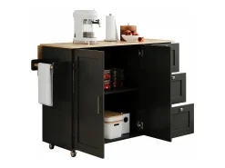 Aparador de cocina, mesa de cocina móvil, diseño plegable, con 3 cajones y toallero, 135x44(70)x90 cm, color negro