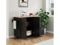 Aparador de cocina, mesa de cocina móvil, diseño plegable, con 3 cajones y toallero, 135x44(70)x90 cm, color negro
