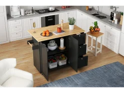 Aparador de cocina, mesa de cocina móvil, diseño plegable, con 3 cajones y toallero, 135x44(70)x90 cm, color negro
