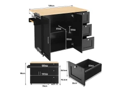 Aparador de cocina, mesa de cocina móvil, diseño plegable, con 3 cajones y toallero, 135x44(70)x90 cm, color negro
