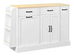 Aparador de cocina moderno - 133,5 x 40 x 86 cm - con especiero exterior + puertas + cajones - MDF - blanco