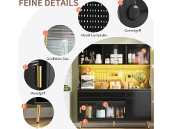 Aparador de cocina moderno - 145 x 39 x 171 cm - con LED + 6 cajones + puerta + balda y tablero perforado - MDF + cristal - negro