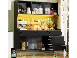 Aparador de cocina moderno - 145 x 39 x 171 cm - con LED + 6 cajones + puerta + balda y tablero perforado - MDF + cristal - negro