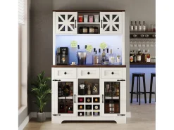 Aparador de cocina moderno - 120 x 40 x 180 cm - con 4 puertas de cristal + 3 cajones + estantes + LED - MDF + cristal - blanco