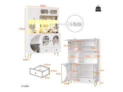 Aparador de cocina moderno - 120 x 40 x 176 cm - con LED + USB + puertas + cajón + estantes de cristal - MDF + cristal - blanco