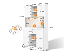 Aparador de cocina moderno - 105 x 40 x 180 cm - con estantes + cajón + luces LED + 4 puertas - MDF - blanco