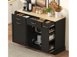 Aparador de cocina moderno - 133,5 x 40 x 86 cm - con especiero exterior + puertas + cajones - MDF - negro