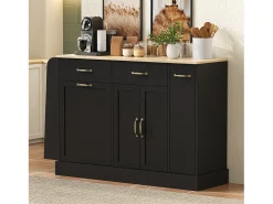 Aparador de cocina moderno - 133,5 x 40 x 86 cm - con especiero exterior + puertas + cajones - MDF - negro