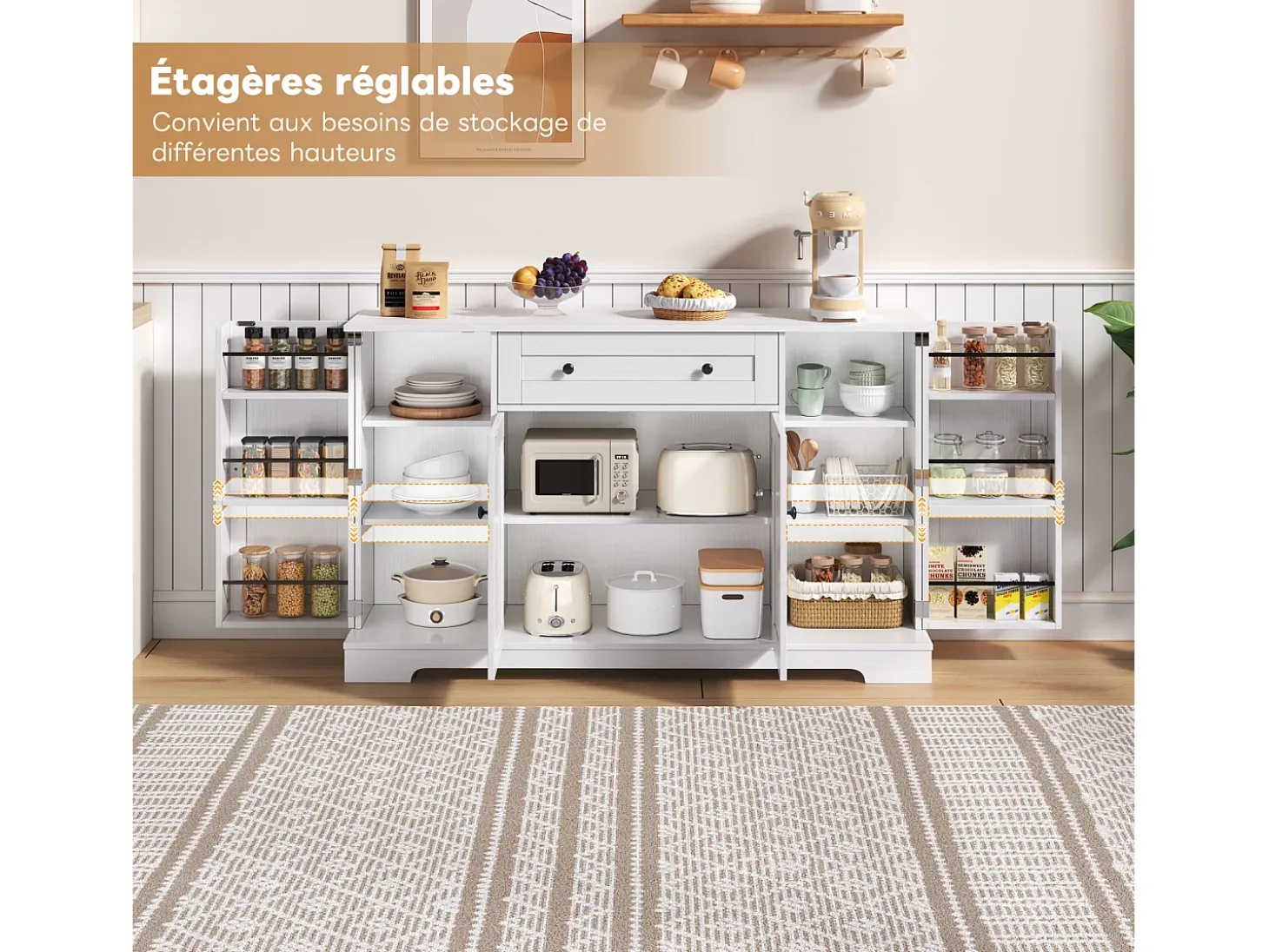 Aparador de cocina multifuncional, armario de almacenaje con cajón y estantes, 138 x 40 x 85 cm, blanco