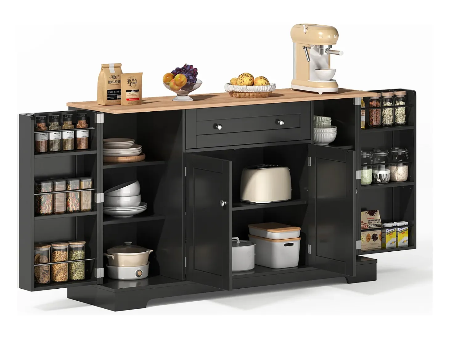 Aparador de cocina multifuncional, armario de almacenaje con cajón y estantes, 138 x 40 x 85 cm, color negro