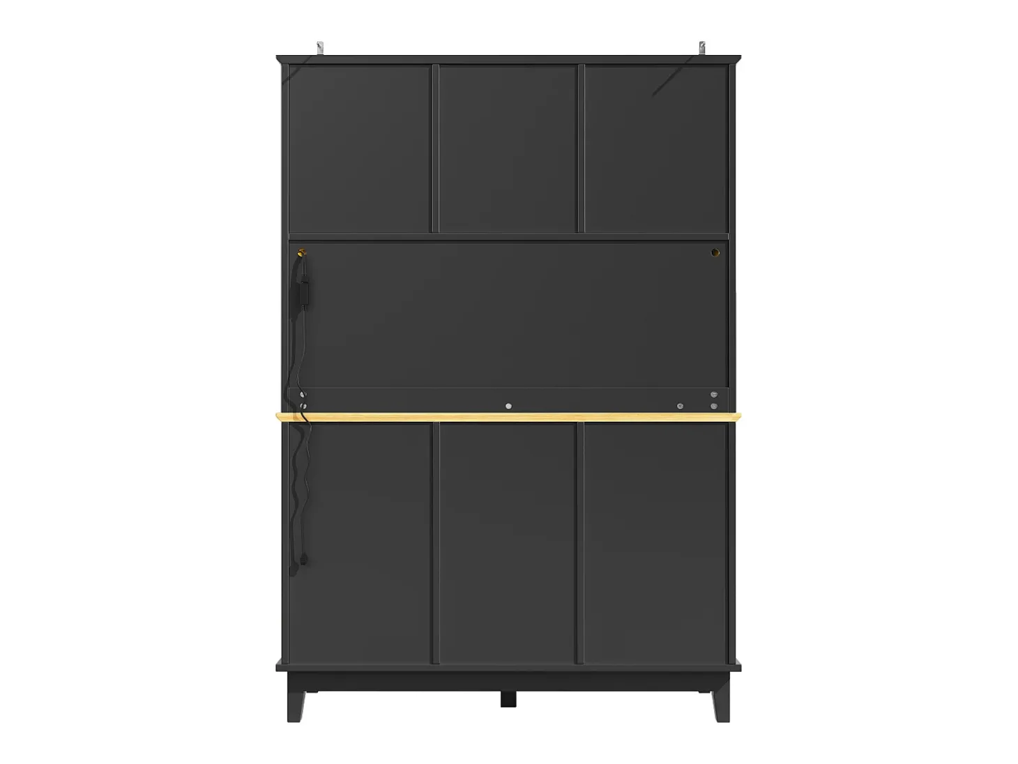 Aparador de cocina negro con iluminación LED, 4 puertas y 3 cajones, tapa chapada en madera.