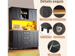 Aparador de cocina negro con iluminación LED, 4 puertas y 3 cajones, tapa chapada en madera.