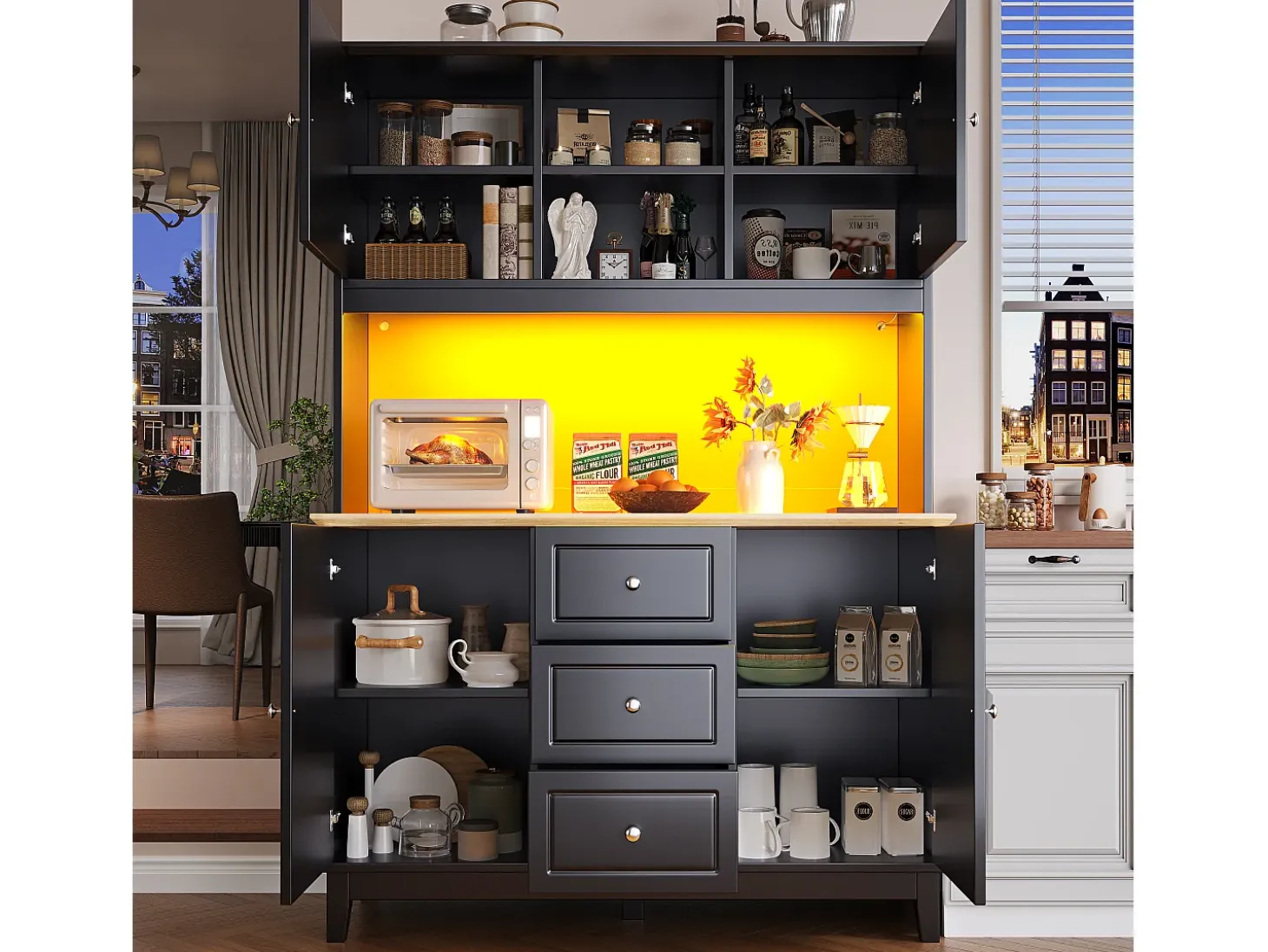 Aparador de cocina negro con iluminación LED, 4 puertas y 3 cajones, tapa chapada en madera.