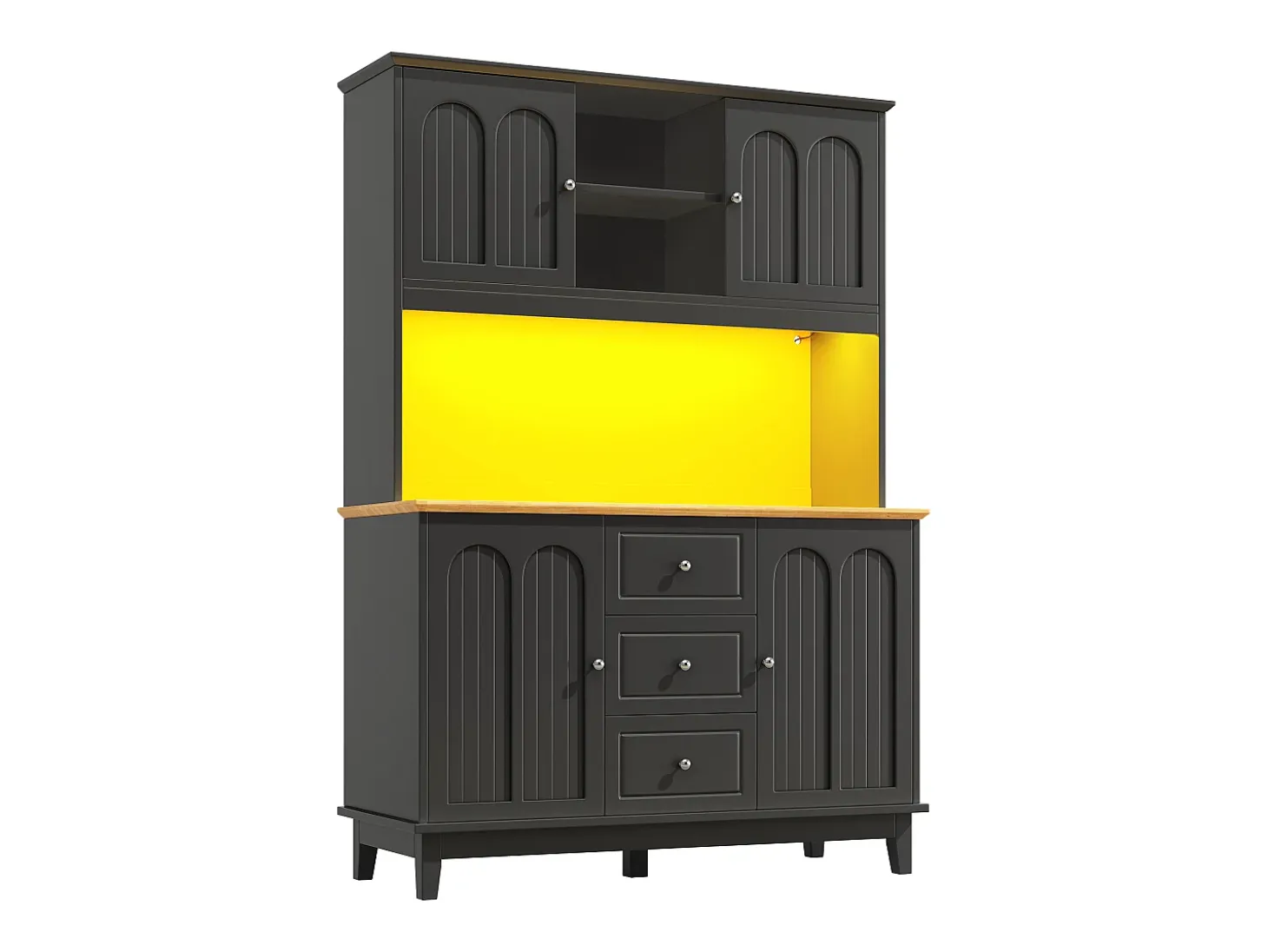 Aparador de cocina negro con iluminación LED, 4 puertas y 3 cajones, tapa chapada en madera.