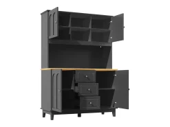 Aparador de cocina negro con iluminación LED, 4 puertas y 3 cajones, tapa chapada en madera.
