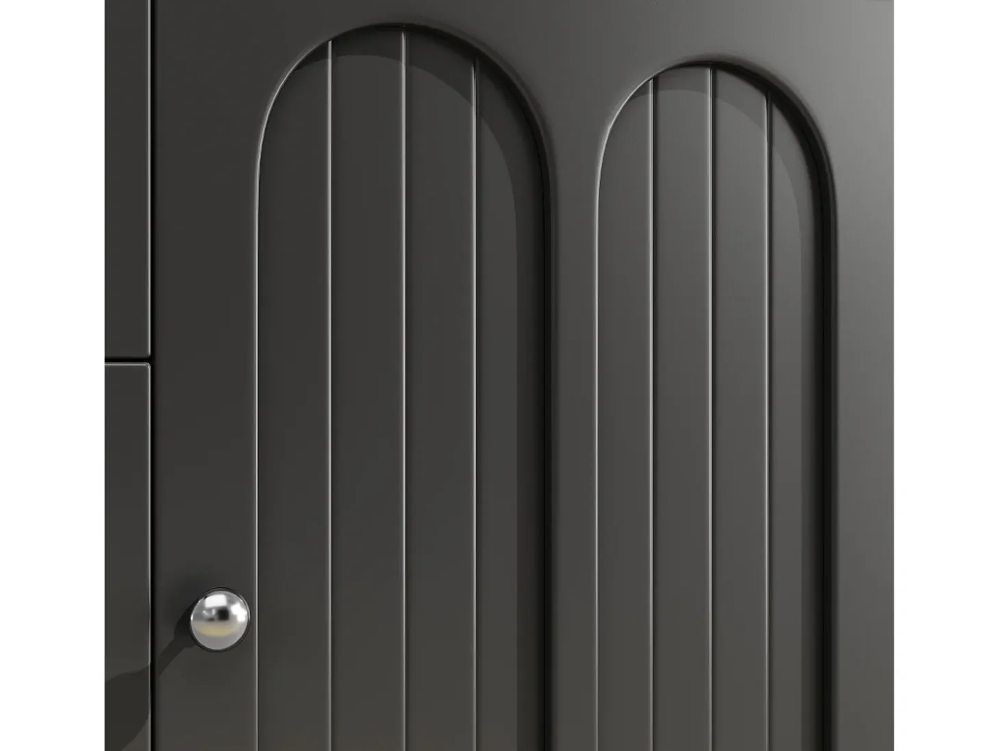 Aparador de cocina negro con iluminación LED, 4 puertas y 3 cajones, tapa chapada en madera.