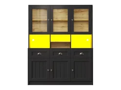 Aparador de cocina negro con 3 puertas, 3 puertas de cristal, 3 cajones y luces LED, MDF