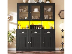 Aparador de cocina negro con 3 puertas, 3 puertas de cristal, 3 cajones y luces LED, MDF