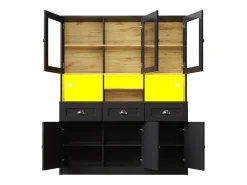 Aparador de cocina negro con 3 puertas, 3 puertas de cristal, 3 cajones y luces LED, MDF