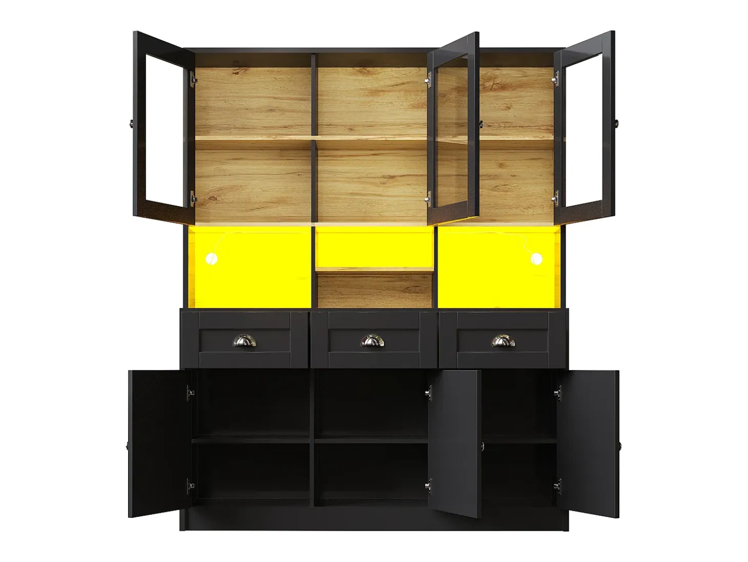 Aparador de cocina negro con 3 puertas, 3 puertas de cristal, 3 cajones y luces LED, MDF