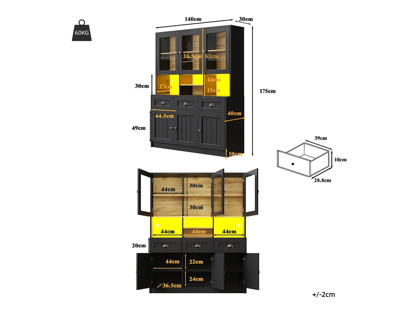 Aparador de cocina negro con 3 puertas, 3 puertas de cristal, 3 cajones y luces LED, MDF