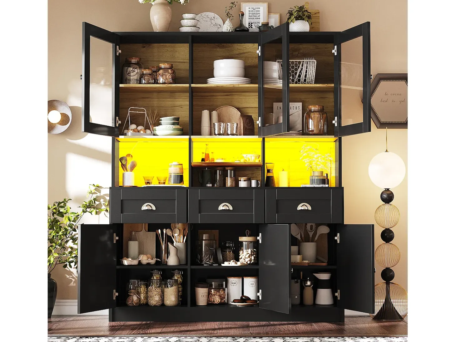 Aparador de cocina negro con 3 puertas, 3 puertas de cristal, 3 cajones y luces LED, MDF