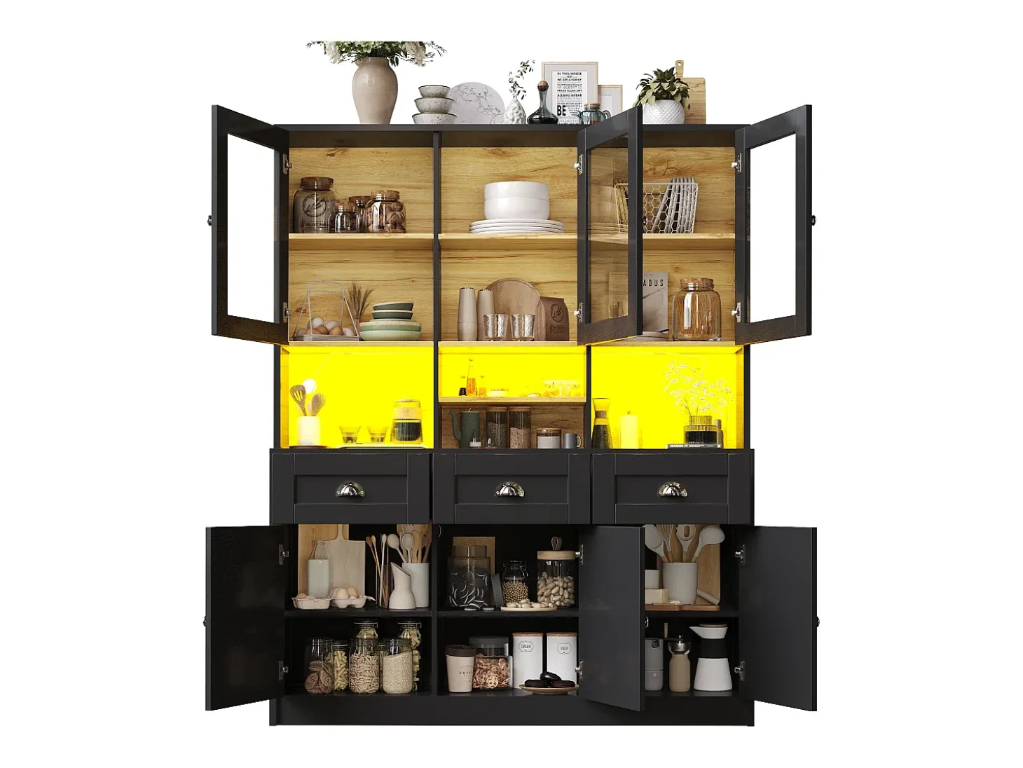 Aparador de cocina negro con 3 puertas, 3 puertas de cristal, 3 cajones y luces LED, MDF