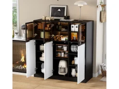 Aparador de cocina para salón - 100 x 40 x 105 cm - con LED + 3 puertas de cristal + 3 puertas de madera - cristal + aglomerado - negro + blanco