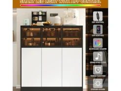 Aparador de cocina para salón - 100 x 40 x 105 cm - con LED + 3 puertas de cristal + 3 puertas de madera - cristal + aglomerado - negro + blanco