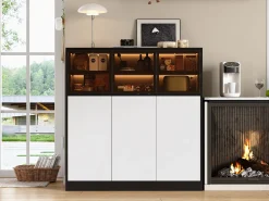 Aparador de cocina para salón - 100 x 40 x 105 cm - con LED + 3 puertas de cristal + 3 puertas de madera - cristal + aglomerado - negro + blanco