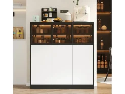 Aparador de cocina para salón - 100 x 40 x 105 cm - con LED + 3 puertas de cristal + 3 puertas de madera - cristal + aglomerado - negro + blanco