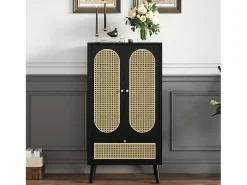 Aparador de cocina 60x40x110cm, 2 puertas de ratán y 1 cajón, madera, color negro