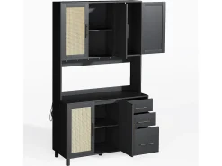 Aparador de cocina 100x40x183cm con 5 puertas de ratán y 3 cajones, LED y puerto USB incluido, cuerpo negro