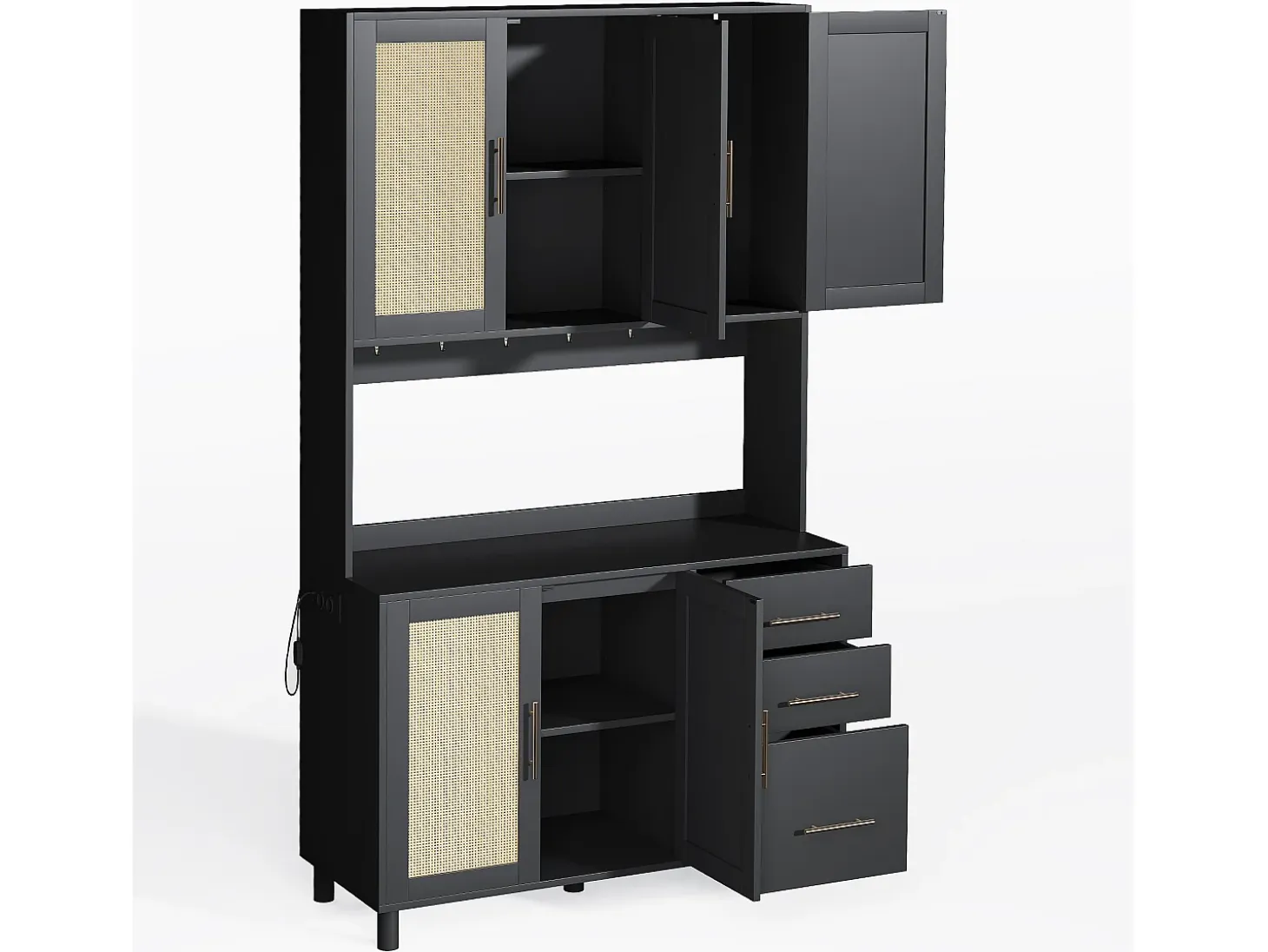Aparador de cocina 100x40x183cm con 5 puertas de ratán y 3 cajones, LED y puerto USB incluido, cuerpo negro
